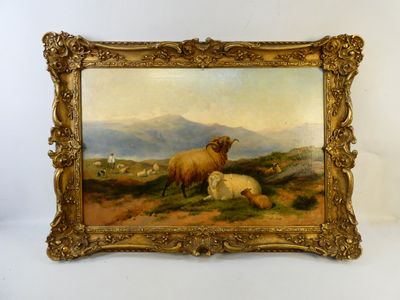 tableau représentant des moutons et des agneaux dans un paysage montagneux, avec des montagnes en arrière-plan