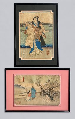 two framed asian paintings of women and trees in a room
