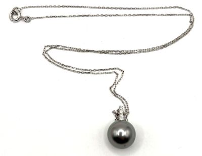 collier avec une perle noire sur une chaîne en argent, sur fond blanc