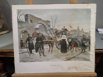 a picture of a painting on a easel with a horse drawn carriage