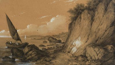 a drawing of a boat on the water near a cliff