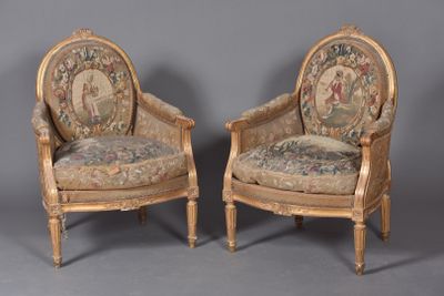 pair of louis xvi style armchairs with tapestry upholstered seats