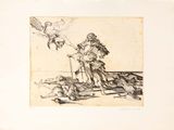une image représentant le dessin d'un homme sur un bateau, avec un oiseau volant au-dessus de lui
