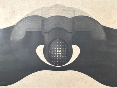 peinture représentant une image en noir et blanc du visage d'un homme, avec un trou au milieu