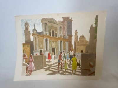 a painting of a group of people walking down the street