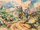 a watercolor painting of a dirt road in the woods