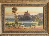 an oil painting of a castle on a hill with a lake in the foreground