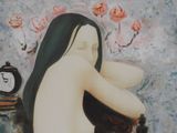 a painting of a woman with long black hair and a clock