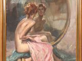 tableau représentant une femme assise sur un tabouret devant un miroir