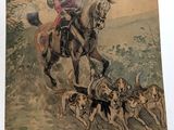 painting of a man riding a horse with a bunch of dogs
