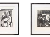 two framed black and white drawings of a woman and a man