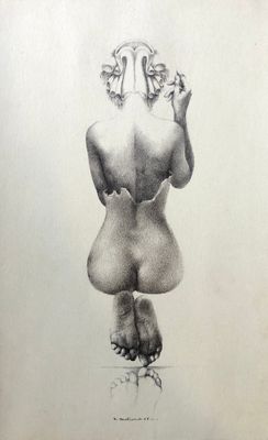 a black and white drawing of a naked woman standing on top of a table