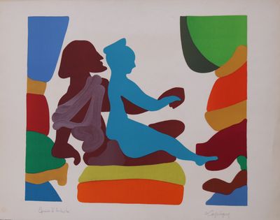 une image d'un tableau représentant un homme et une femme assis sur un banc
