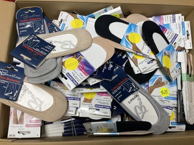 many pairs of shoes in a cardboard box on the floor