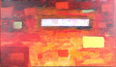 tableau représentant une peinture abstraite rouge et jaune composée de carrés et de rectangles