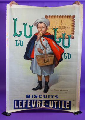 une vieille affiche représentant une femme tenant un panier rempli de provisions