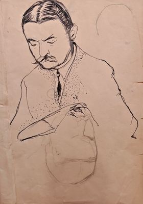 drawing of a man in a suit and tie with a hat on his head