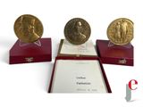 three gold medals are on display in a red case