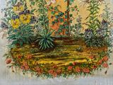 an image of a painting of a garden with flowers and a bird