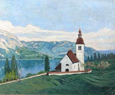 tableau représentant une église sur une colline, avec un lac en arrière-plan