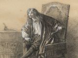 dessin représentant un homme assis sur une chaise, les jambes croisées