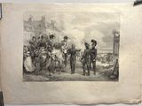 an old picture of a group of men standing around a horse