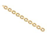 a yellow gold bracelet with a circular link on a white background