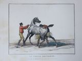 painting of a man leading a horse in a field with another man