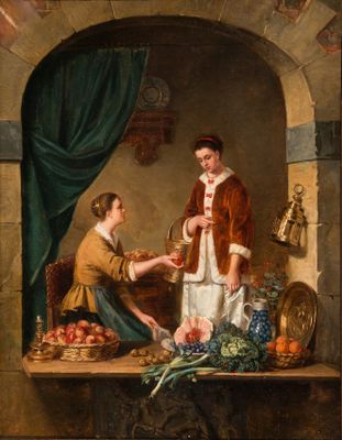 tableau représentant un homme tendant un verre de vin à une femme
