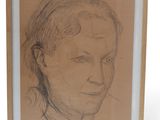 dessin représentant le visage d'une femme dans un cadre en bois sur fond blanc