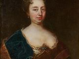 un tableau représentant une femme vêtue d'une robe bleue et dorée
