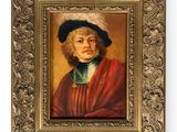 an old painting of a man in a red coat and black hat