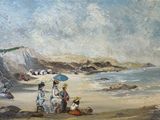 une peinture représentant un groupe de personnes sur la plage