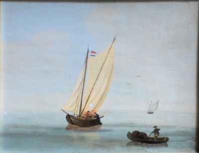a painting of a sailboat and a boat in the water
