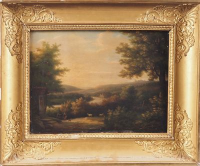 une peinture à l'huile représentant un paysage avec une rivière au premier plan