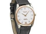a close up of a wrist watch with a white dial and black leather strap
