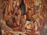tableau représentant une nature morte avec une bouteille de vin et une corbeille de fruits