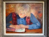 an oil painting of a young girl writing in a book