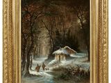 un tableau représentant une cabane dans les bois avec un chien tirant un traîneau