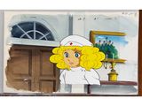 cartoon of a woman with blonde hair and a sailor ' s hat standing in front of a door