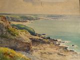 painting of a view of the ocean from a rocky cliff