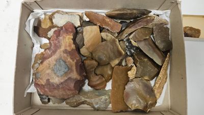 une boîte remplie de cailloux et de pierres posée sur une table