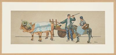 painting of two men on a cart with a cow and a man on a horse
