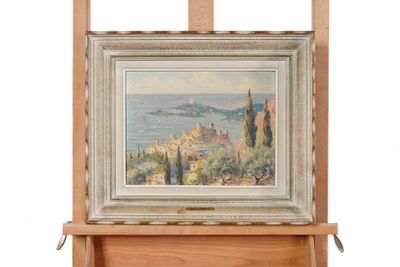 une image représentant un tableau posé sur un chevalet, sur lequel figure une peinture