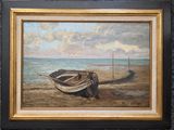 une peinture d'un bateau sur la plage au bord de l'eau
