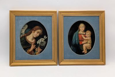 two framed pictures of a woman holding a baby and a child