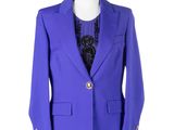 purple blazer on a mannequin dummy with a black tie