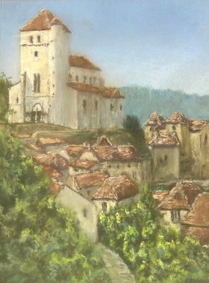 École Française XX° Saint Cirq Lapopie Pastel sur papier 34.