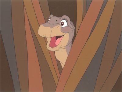 une image représentant un dinosaure de dessin animé qui jette un coup d'œil derrière un arbre
