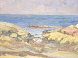 painting of a view of the ocean from a rocky shore
